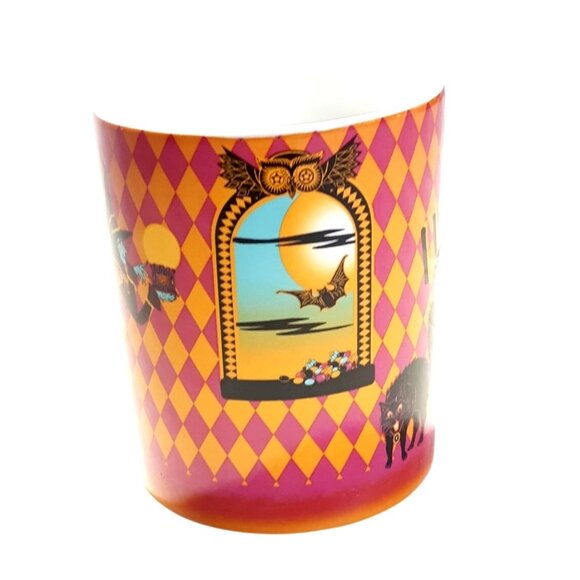 Totally Ghoul Halloween Witch Ceramic Mug Pink/Orange Harlequin Cat & Bat Design - Picture 3 of 7